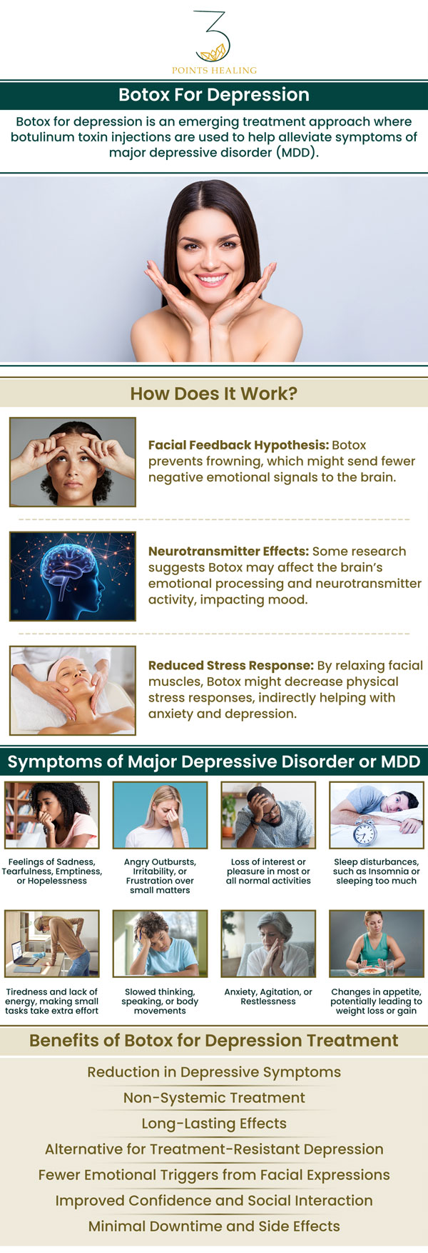 At Three Points Healing, we explore Botox as an innovative approach to managing depression. By reducing negative facial expressions, Botox may help improve mood and emotional well-being. Our holistic treatments are tailored to support your mental and emotional health. For more information, contact us or book an appointment. Our clinics are conveniently located in Olympia, WA, Federal Way, WA, and Woodland Hills, CA.