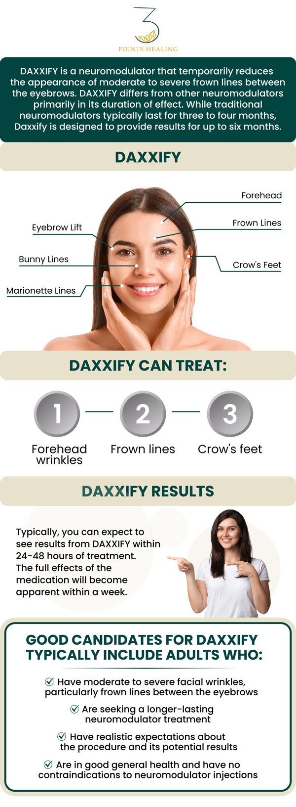 At Three Points Healing, our team of experienced professionals specializes in administering Daxxify injections, the latest innovation in wrinkle reduction and facial rejuvenation. This peptide-based neurotoxin is designed for long-lasting results, providing patients with a smoother, more youthful appearance for up to six months. Our dedicated team ensures a comfortable and effective treatment experience, tailored to meet the unique needs and aesthetic goals of each patient. For more information, contact us or book an appointment. Our clinics are conveniently located in Olympia, WA, Federal Way, WA, and Woodland Hills, CA. At Three Points Healing, our team of experienced professionals specializes in administering Daxxify injections, the latest innovation in wrinkle reduction and facial rejuvenation. This peptide-based neurotoxin is designed for long-lasting results, providing patients with a smoother, more youthful appearance for up to six months. Our dedicated team ensures a comfortable and effective treatment experience, tailored to meet the unique needs and aesthetic goals of each patient. For more information, contact us or book an appointment. Our clinics are conveniently located in Olympia, WA, Federal Way, WA, and Woodland Hills, CA.